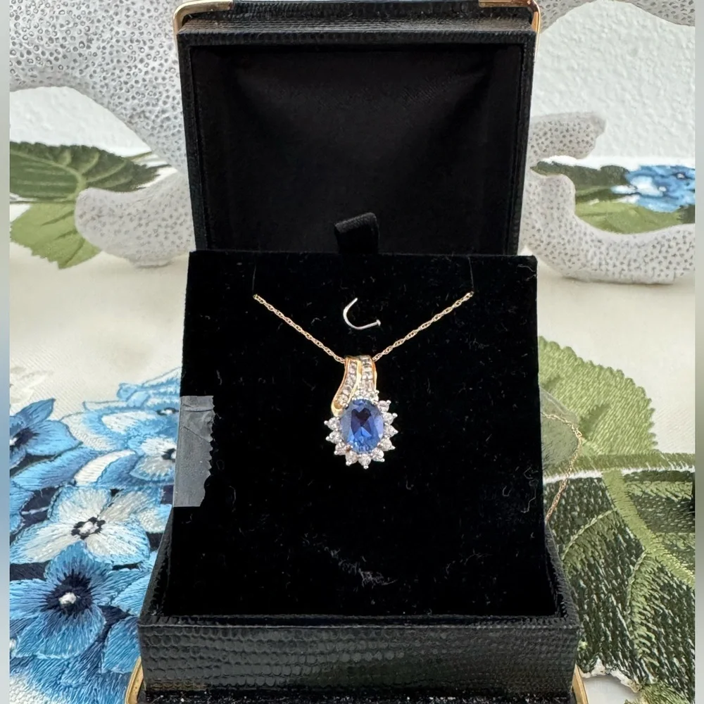 10K Gold Necklace with Blue Sapphire-Color Pendant